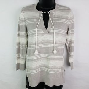 Loft Gray Striped Sweater Tie Neck Small